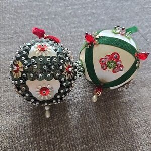 Vintage Handmade Green Christmas Ornaments Red White Details - Set of 2Vintage